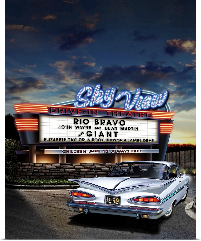 Digital art painting of the Sky View drive-in theater playing Rio Bravo and Giant, with a classic white car filing into th...