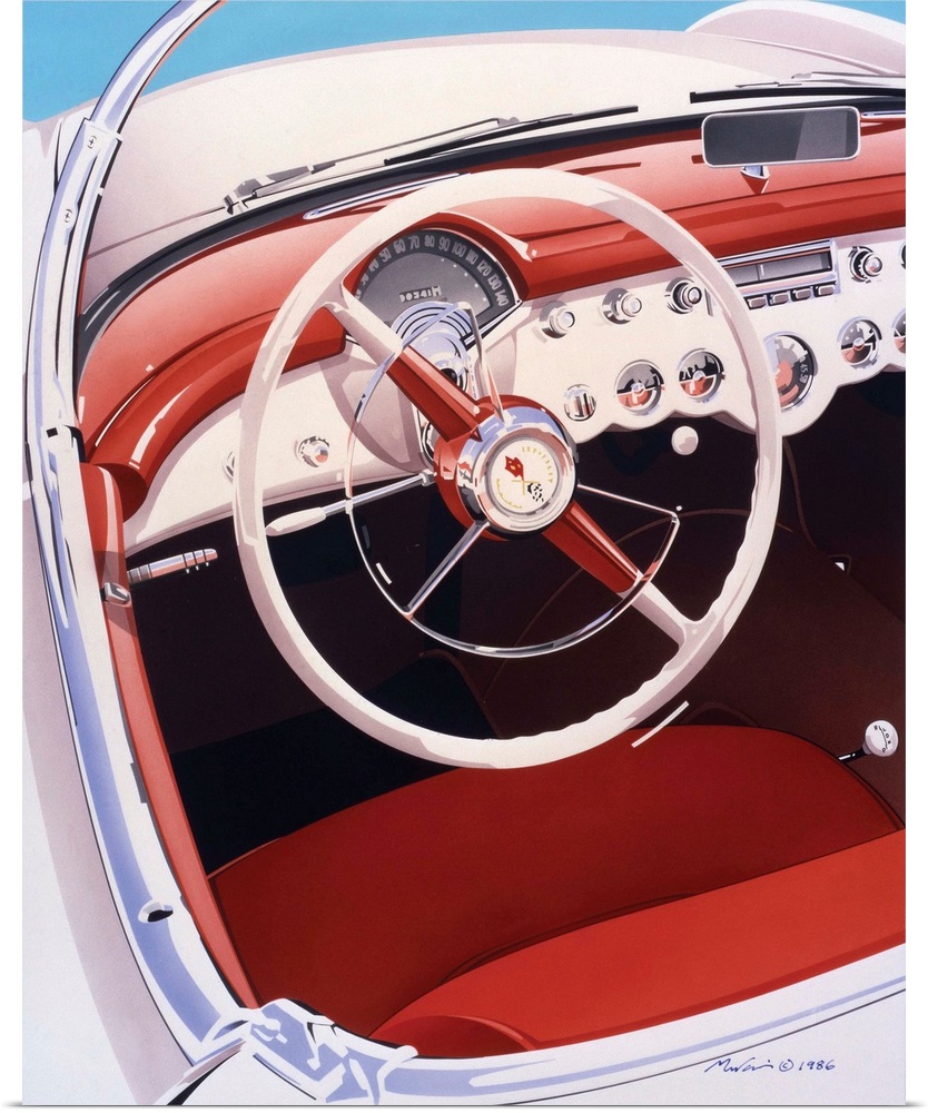 Digital fine art image takes a close up view of a classic car's steering wheel by world renowned artist Dennis Mukai.