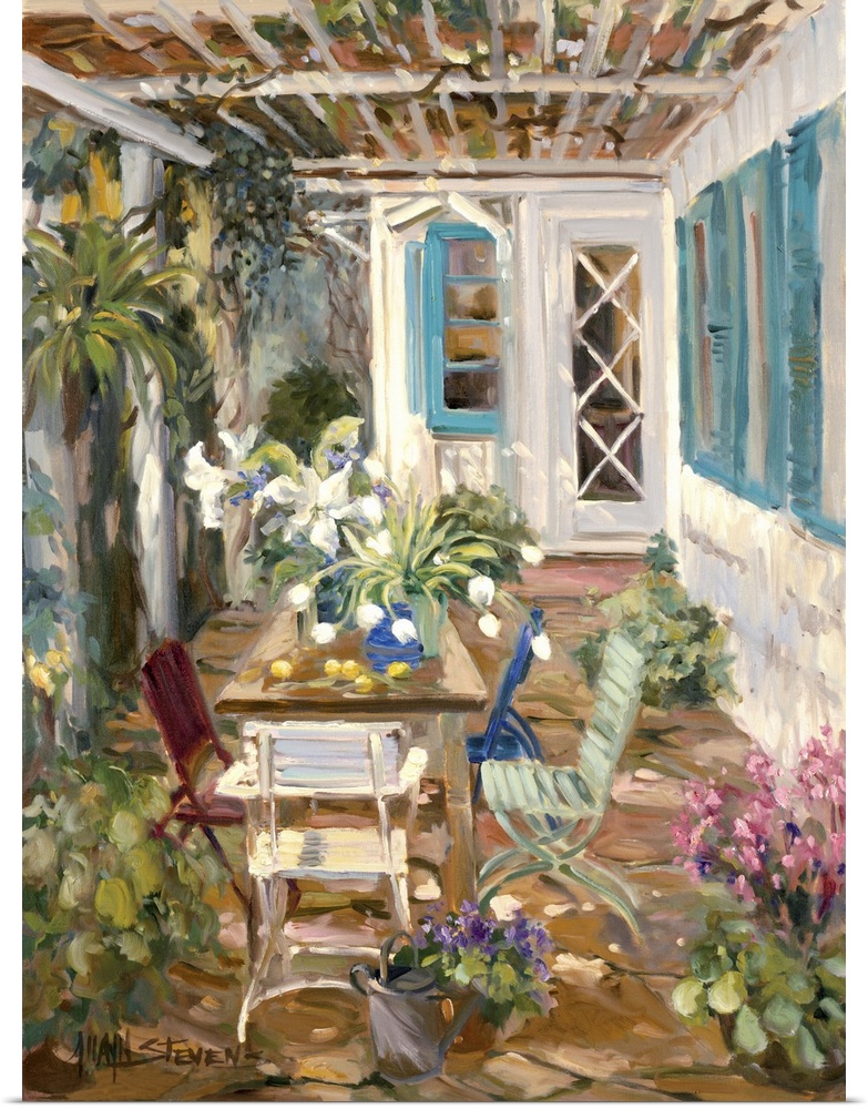 Fine art oil painting landscape of a back porch courtyard with flowers and plants by Allayn Stevens.