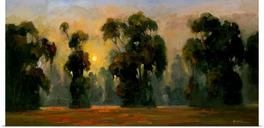 Fine art oil painting landscape of a line of majestic dark green trees backlit with a golden yellow sun and glints of ligh...
