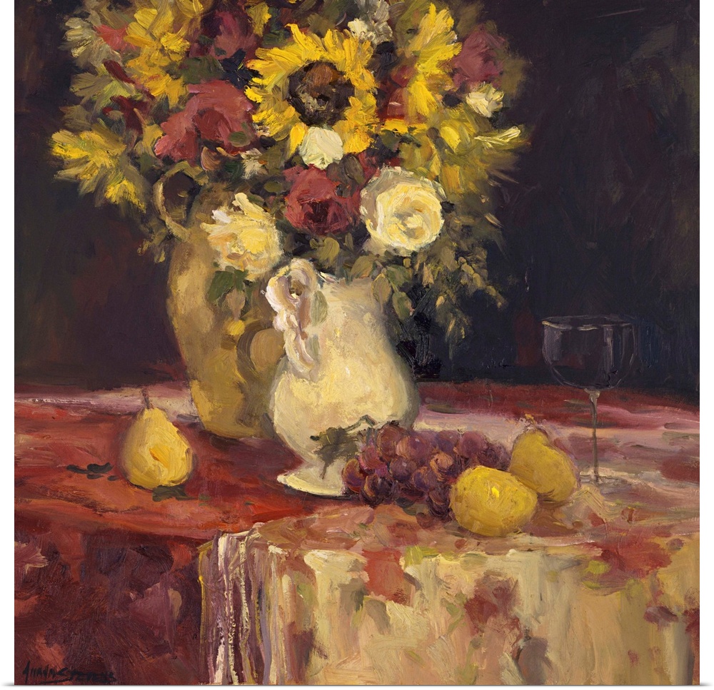 Fine art oil painting still life of bright yellow sunflowers, pears, lemons and grapes with a glass of red wine by Allayn ...