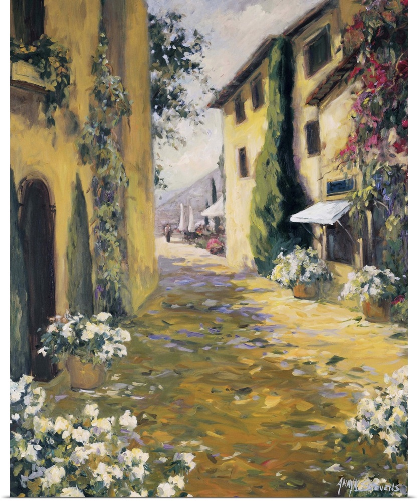 Fine art oil painting landscape of a sunlit villa path with flowering plants by Allayn Stevens.