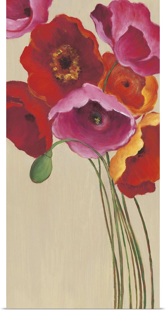 Fine art painting of poppies in reds, pinks and fuscia by Elle Summers.