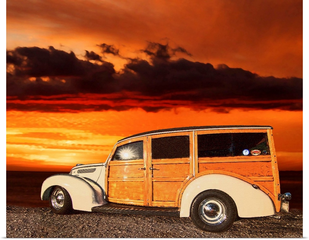 Digital art painting of a tan Woody style car with a beautiful background sky.