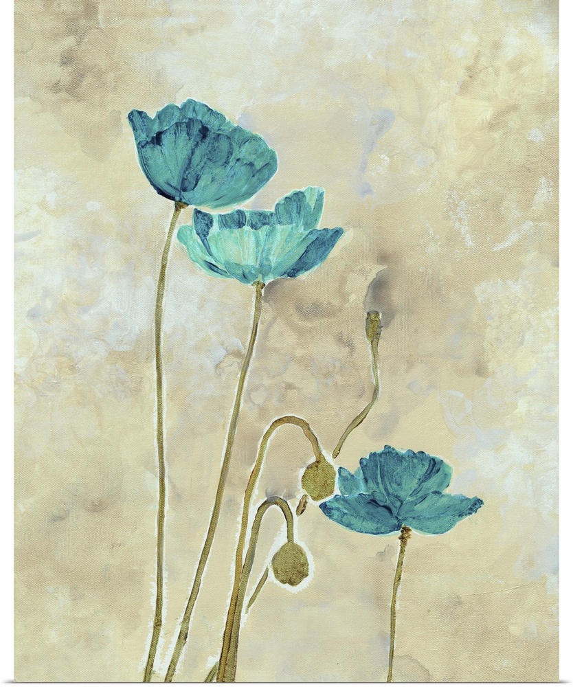 Contemporary artwork of teal and turquoise flowers.