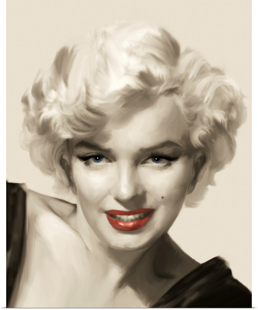 Marilyn Monroe gazes at the viewer with red lips.