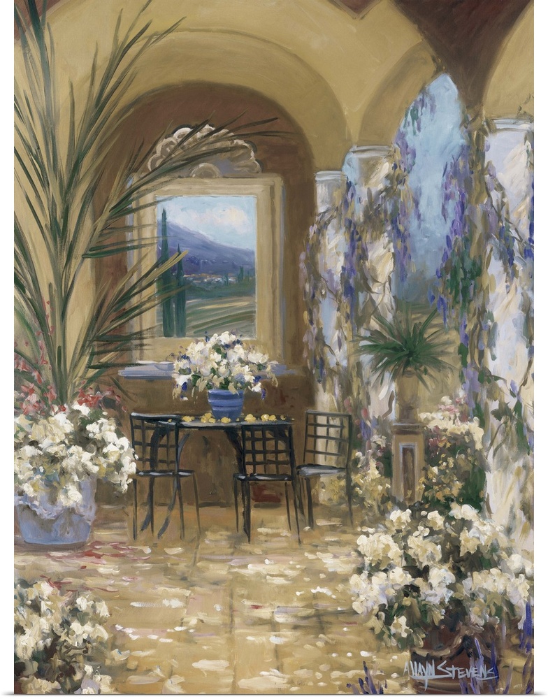 Fine art oil painting landscape of an Italian courtyard terrace with flowering plants and a table for two by Allayn Stevens.