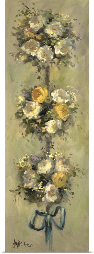Fine art oil painting still life of a lovely topiary of yellow and white roses tied with a teal ribbon by Allayn Stevens.