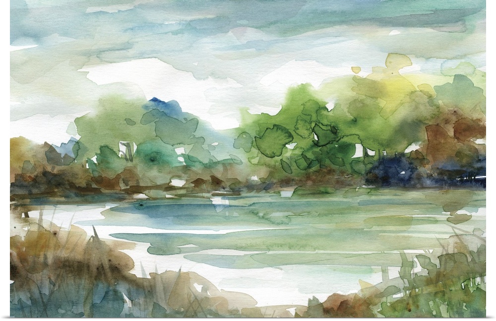 Fine art watercolor painting of a tree line in blues, green and gray by Elizabeth Franklin.