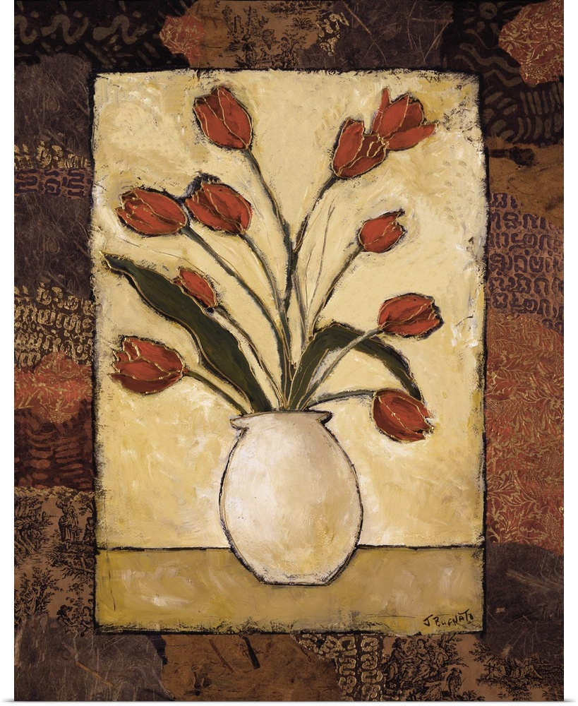 Contemporary painting of a bouquet of red tulips over a light background surrounded by a patterned border.