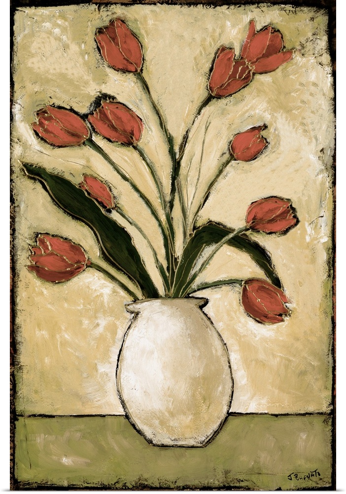 Contemporary painting of a bouquet of red tulips over a light background.