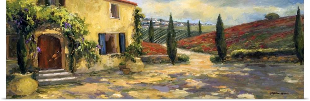 Fine art oil painting landscape of a Tuscan farmhouse with hills of red rising in the background by Allayn Stevens.
