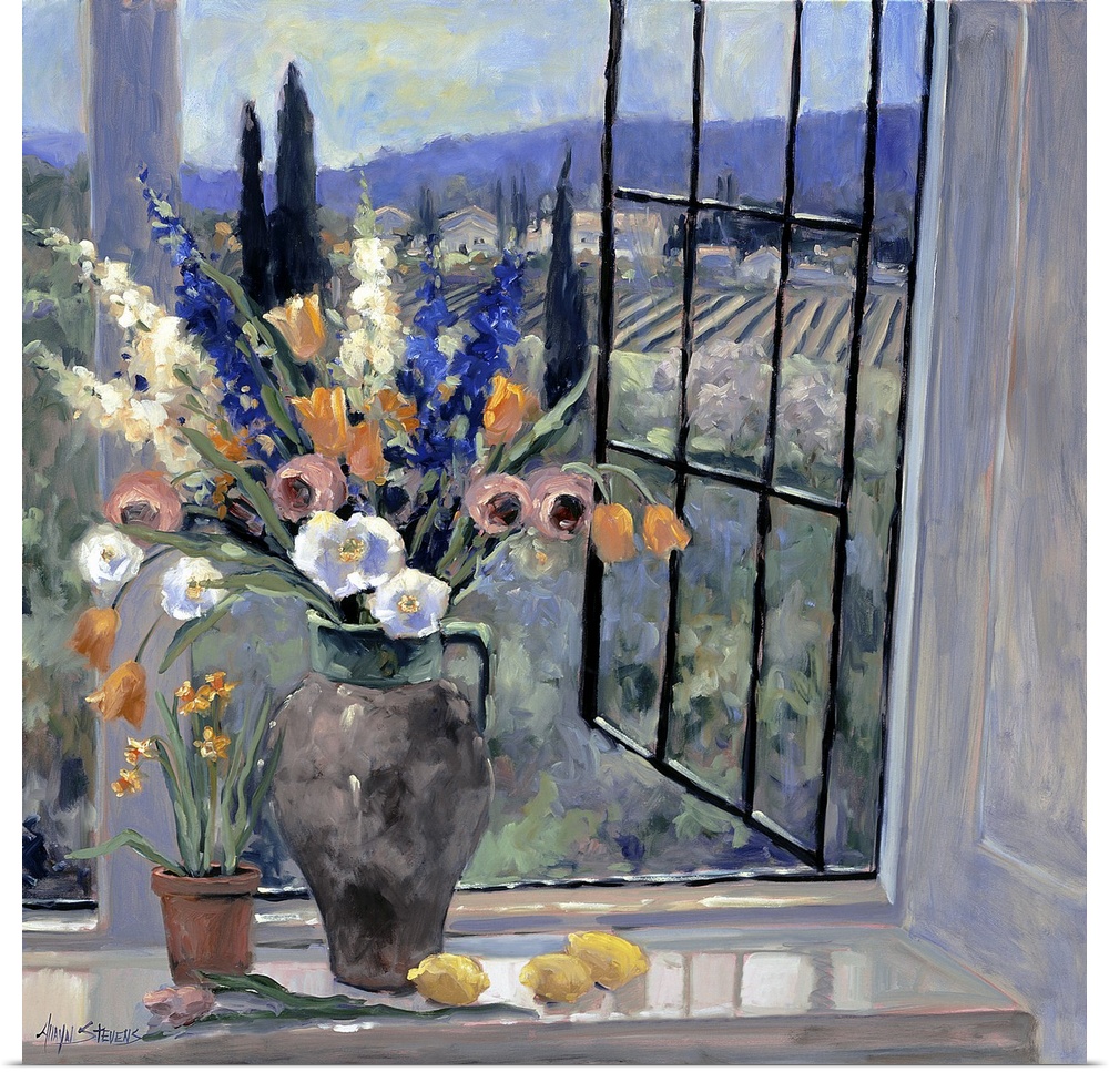 Contemporary landscape painting of a flower filled vase sitting by an open window looking out over the Tuscan hillside.