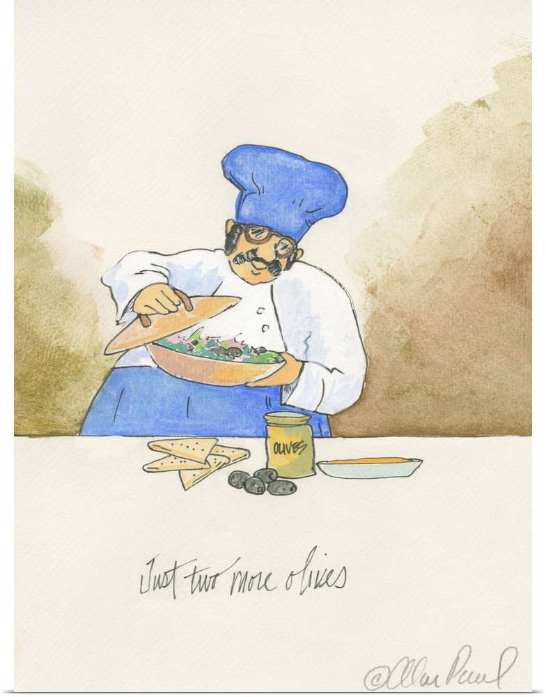 Watercolor painting with pen and ink details of a chef making a salad titled Two More Olives by Alan Paul.