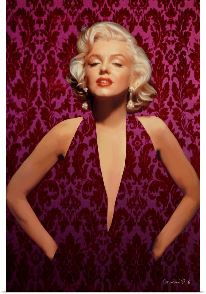Portrait of Marilyn Monroe wearing a pink and red patterned dress that blends in with the wall behind her.