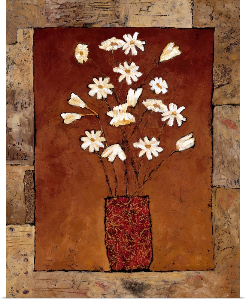 Contemporary painting of a bouquet of white flowers over a earth toned background surrounded by a distressed border.