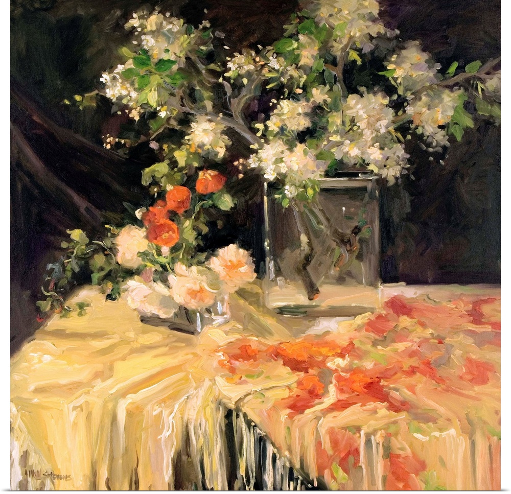 Contemporary still life painting of a beautiful shawl covered table and a vase filled with flowering white freesia.