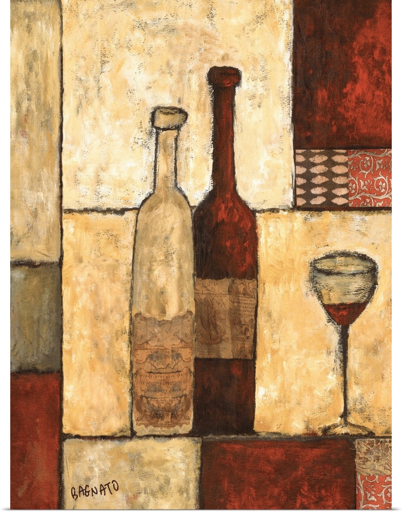 Contemporary painting of two bottles of wine with a geometric block pattern background.