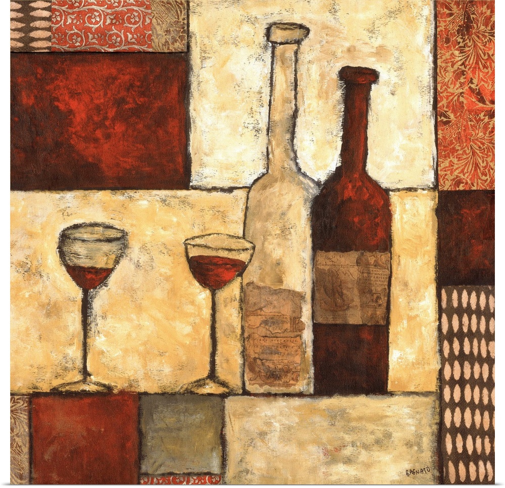 Contemporary artwork of two bottles of wine with a geometric block pattern background.