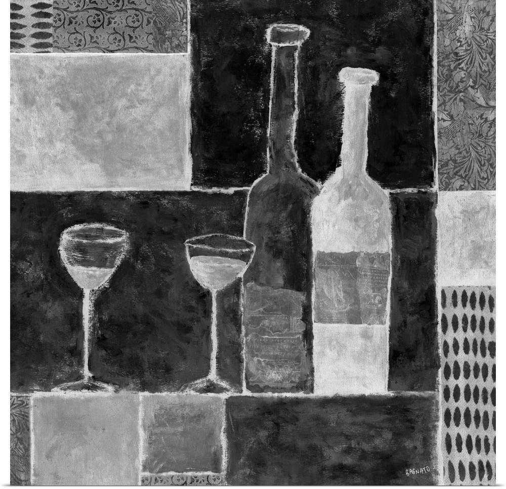 Contemporary artwork of two bottles of wine with a geometric block pattern background.