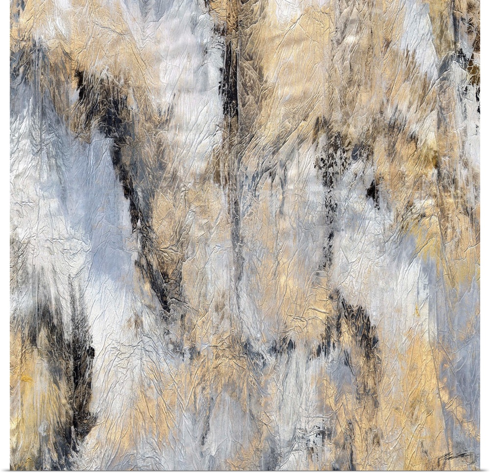 An abstract marbleized print with golden highlights.