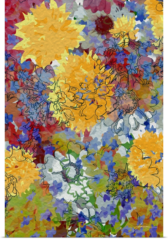 A joyous collage of brightly painted flowers.