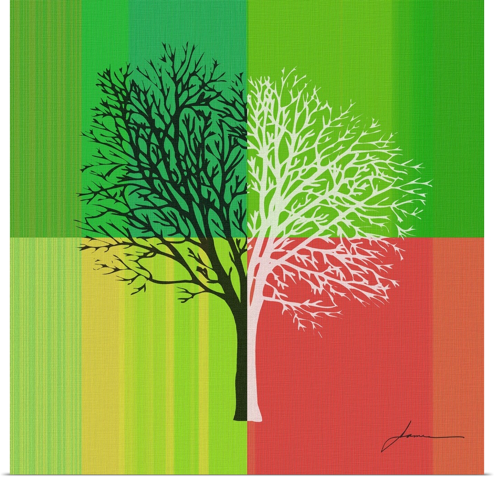 An abstract tree silhouette on a brightly colored striped background.
