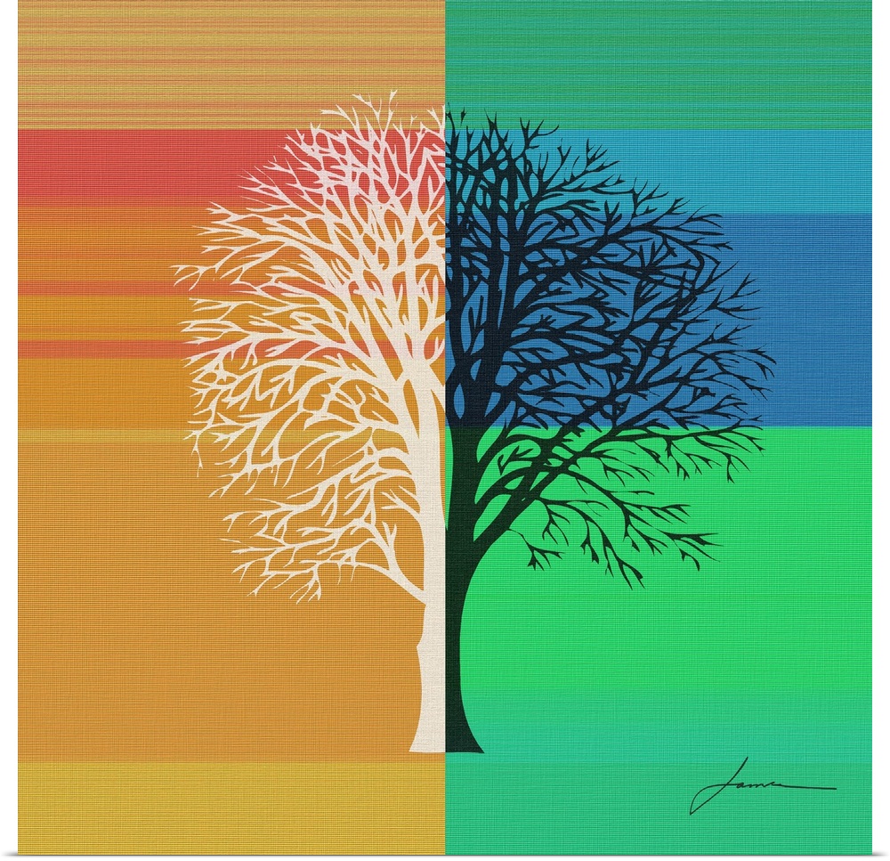 An abstract tree silhouette on a brightly colored striped background.