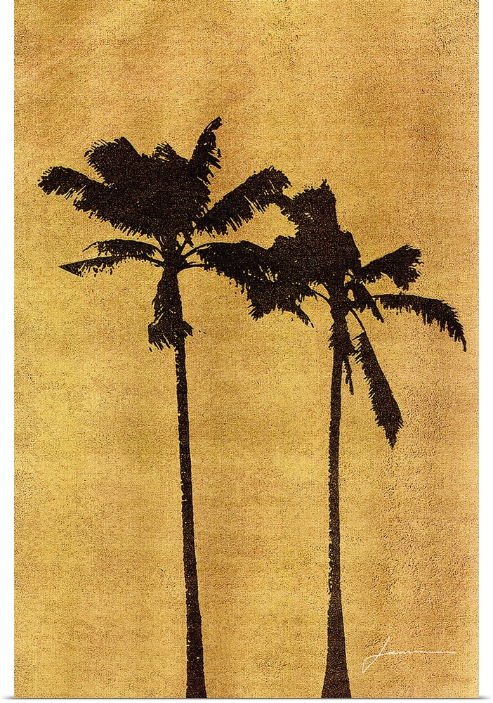 Tropical palm tree silhouettes on a gold background.
