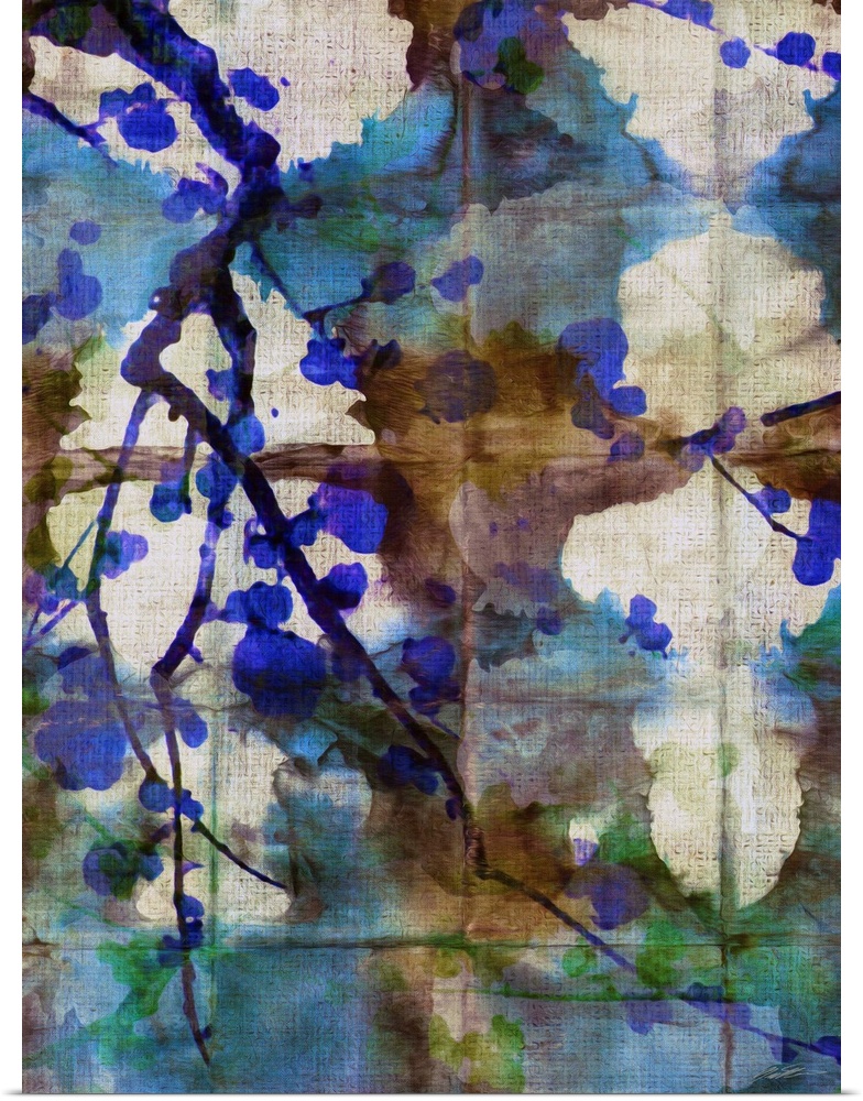 A shibori painting with colorful folds and branches of cherry blossoms.