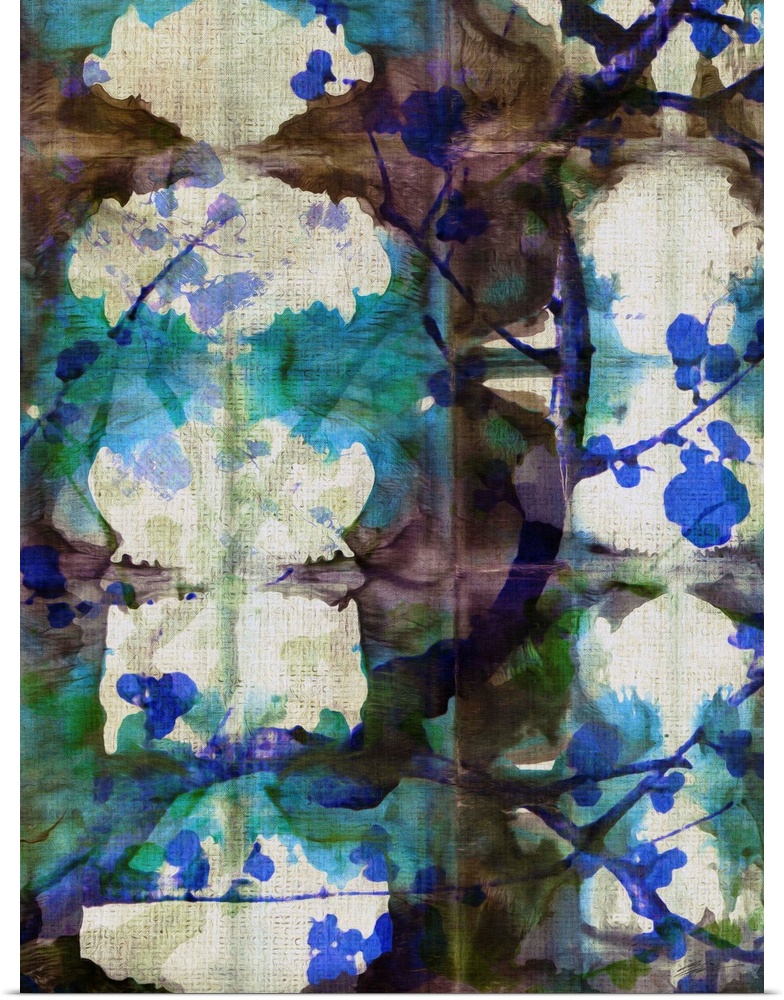A shibori painting with colorful folds and branches of cherry blossoms.