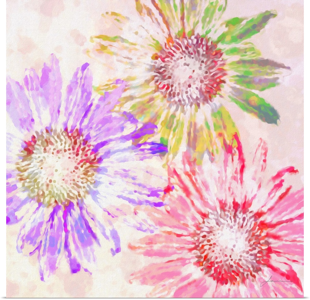 Abstract floral clusters in soft vibrant colors.