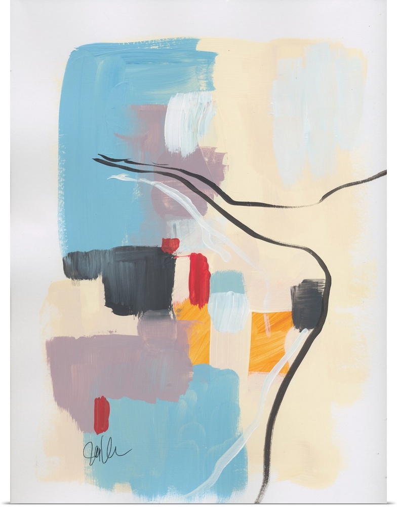 Abstract artwork featuring blocks of color in various shapes with thin gestural brush strokes as an accent.