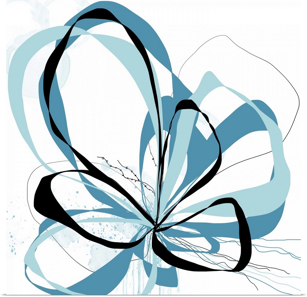 A bright floral with flowing lines of intertwined colors like aqua, teal and black