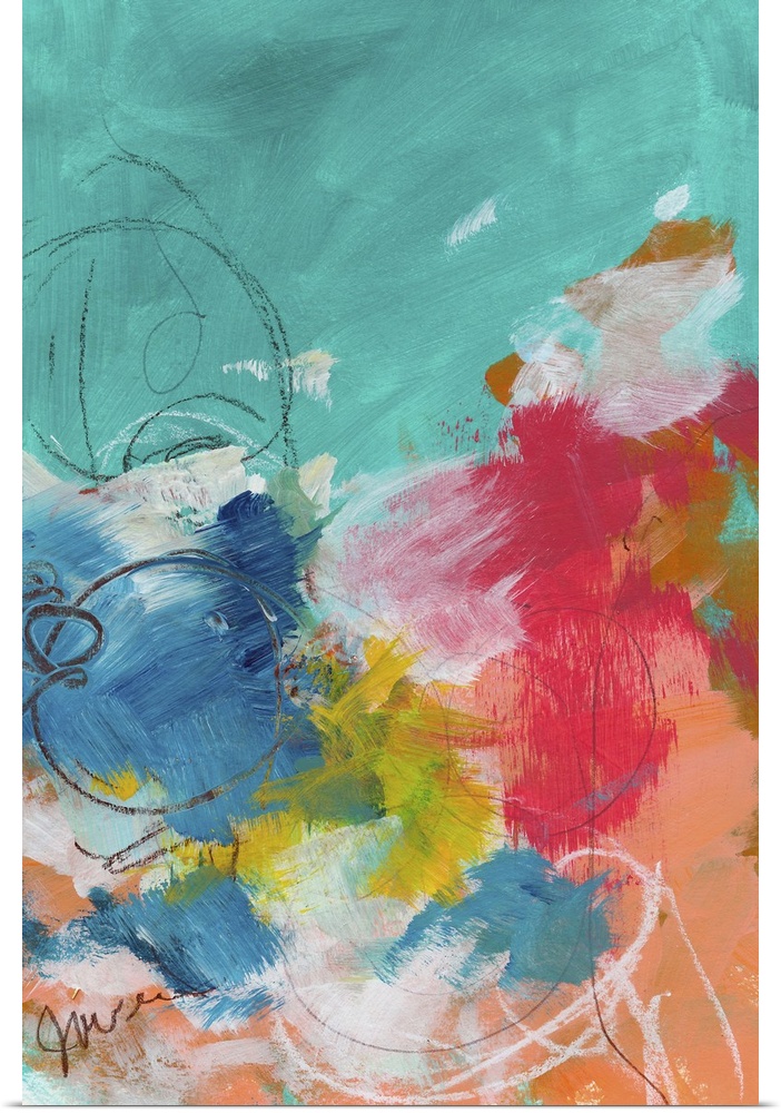 Contemporary abstract art print of quick brushstrokes in red, blue, coral, and teal.