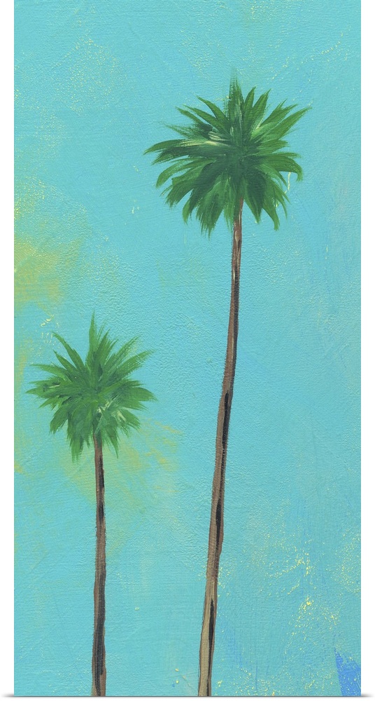Contemporary artwork of two tall palm trees with thin trunks against a blue background.