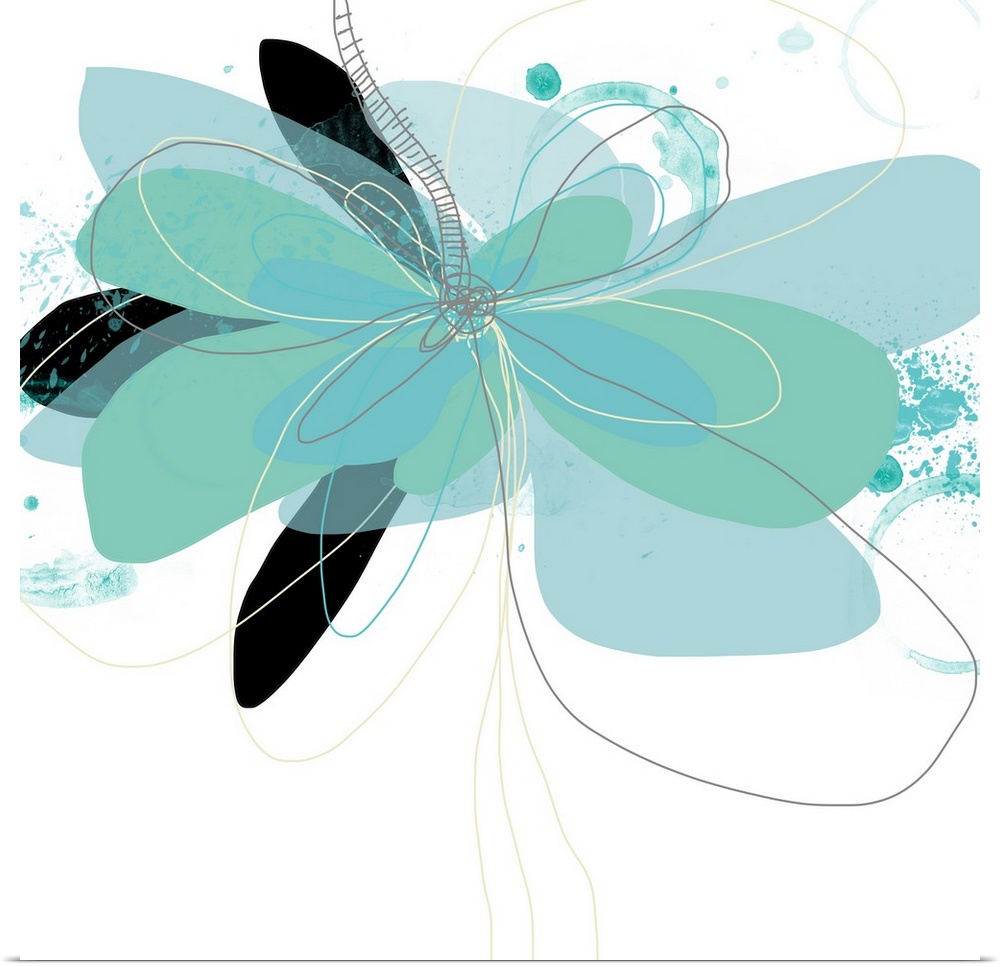A contemporary flower floats effortlessly on a white background. Layered in shades of aqua with black accents for depth. P...