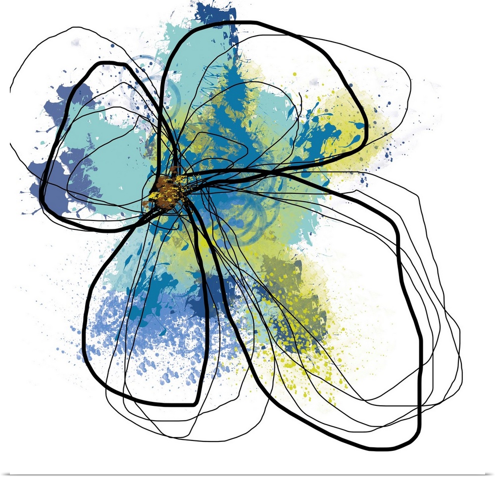 Huge contemporary art shows an outline for the top of a flower with splashes of different cool toned colors placed behind it.