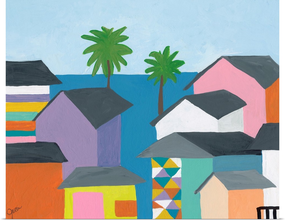 Contemporary painting featuring several colorful houses on the coast, with the ocean and palm trees.
