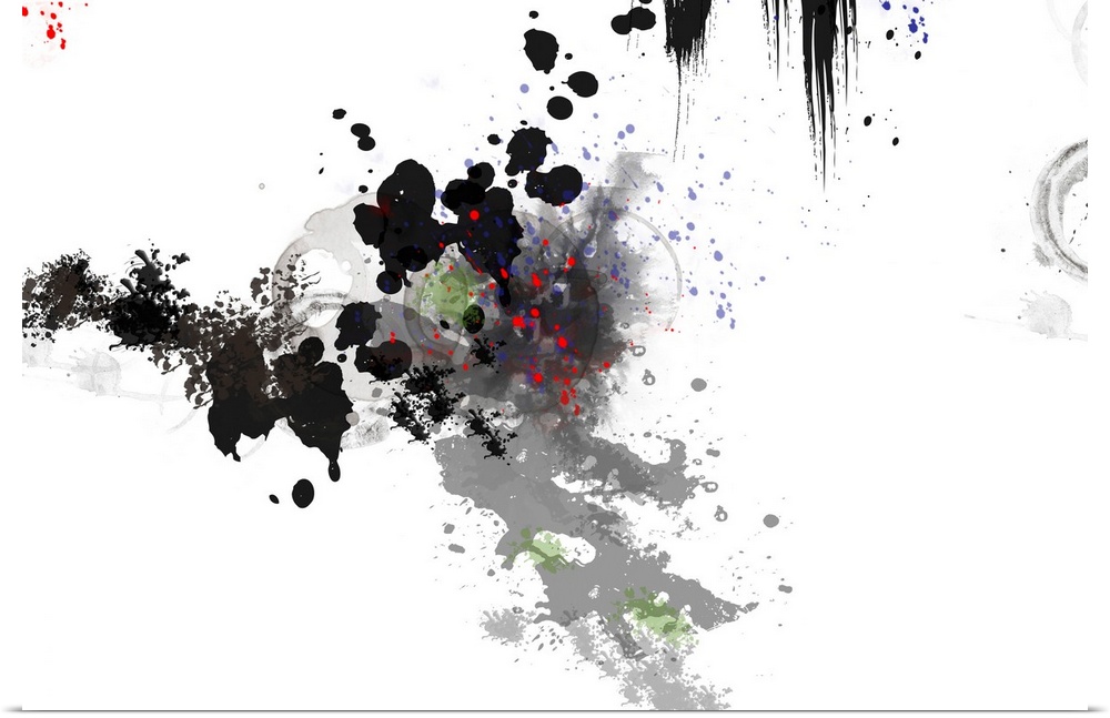 This is horizontal artwork is made of dribbles of dark paint that vary from dark to light on a blank background.