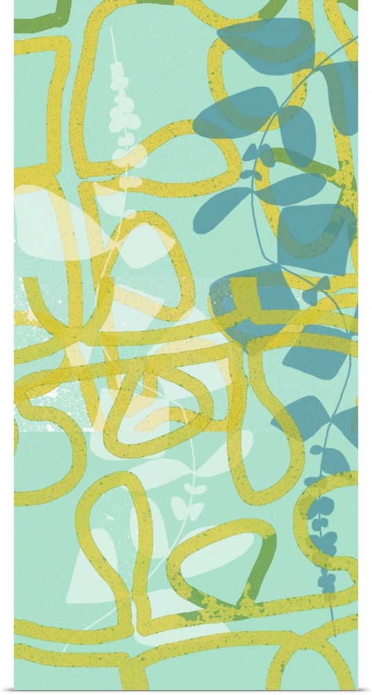 Abstract art piece of bold yellow lines in looping patterns to represent leaves overtop of shadowed lines of leaves and fl...