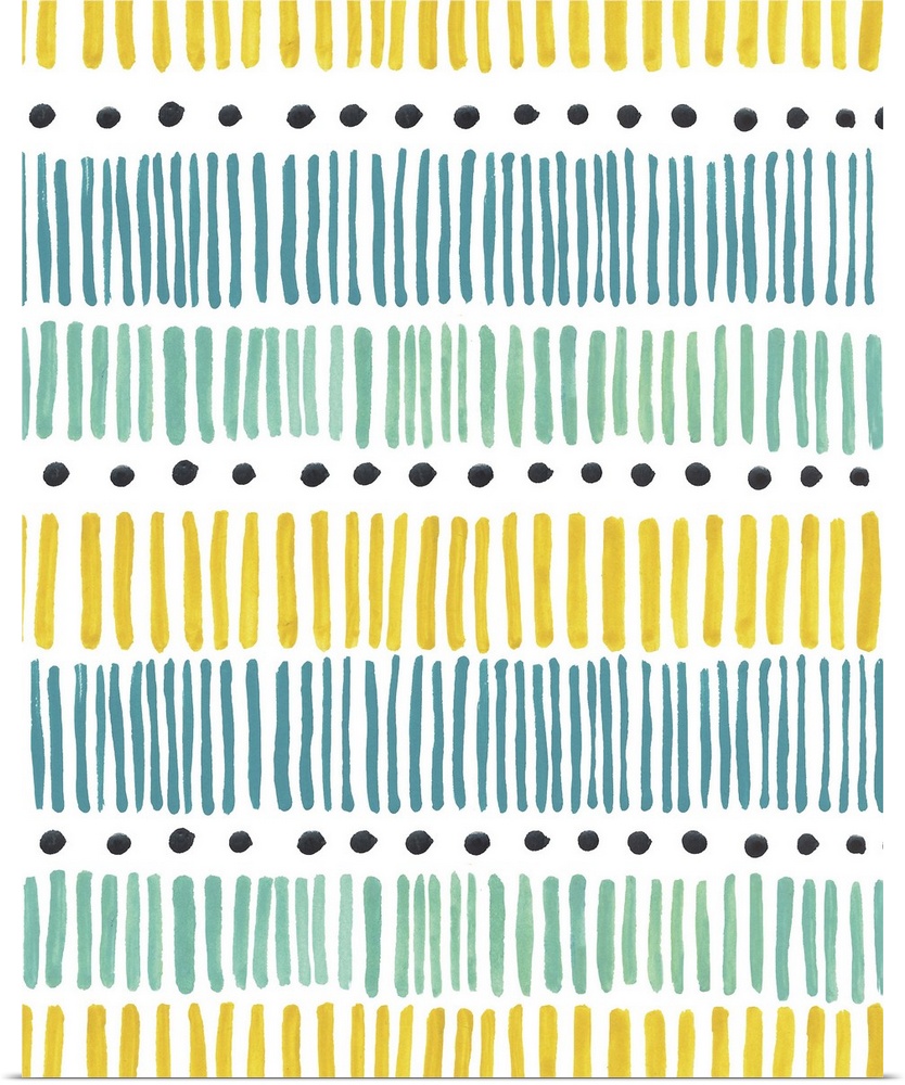Abstract artwork made of horizontal layers of stripes and dots in blues and yellows.