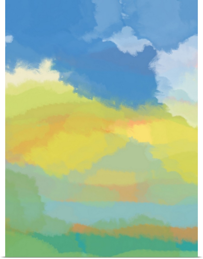 Abstract artwork resembling a deep blue sky over a yellow and green landscape.