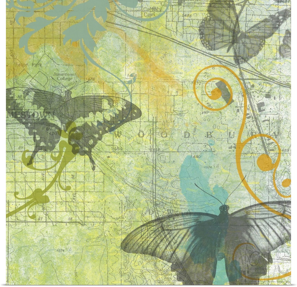 Large, square home art docor of several butterflies and swirling floral designs, layered on a colorful background of a map.