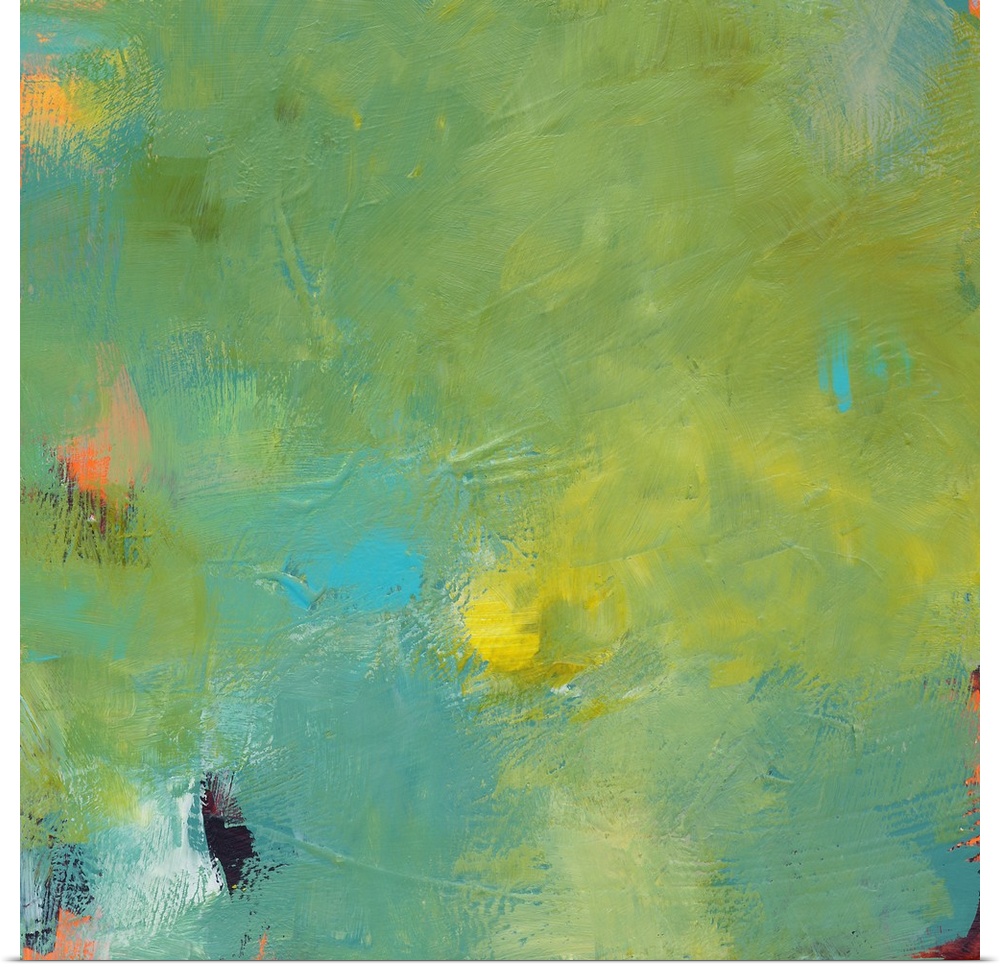 A contemporary abstract painting with shades of green, yellow, and blue on top and hints of orange, red and purple popping...