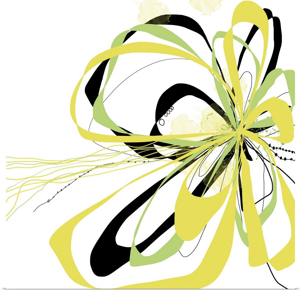 A bright floral with flowing lines of intertwined colors like yellow, citron and black.
