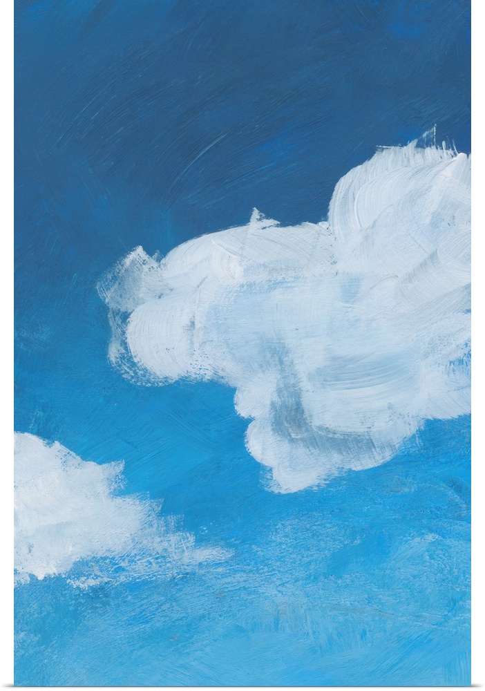 Contemporary artwork of fluffy white clouds against a gradated blue background.