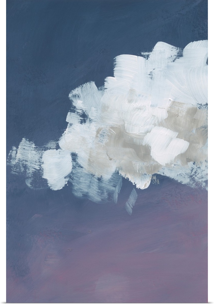 Contemporary artwork of fluffy white clouds against a gradated indigo background.