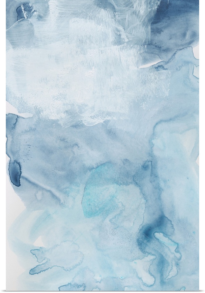 Contemporary artwork featuring watercolor droplets and brush strokes to create a cloudscape in shades of blue.