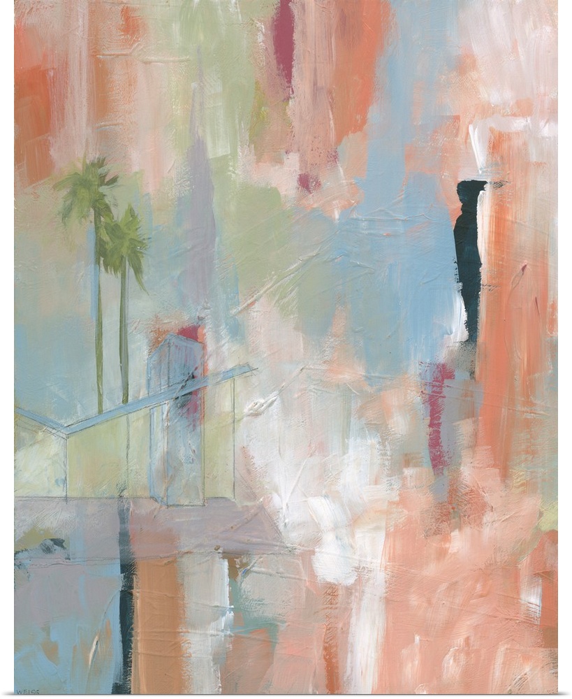 Contemporary abstract painting in shades of orange and blue, with subtle palm tree shapes.
